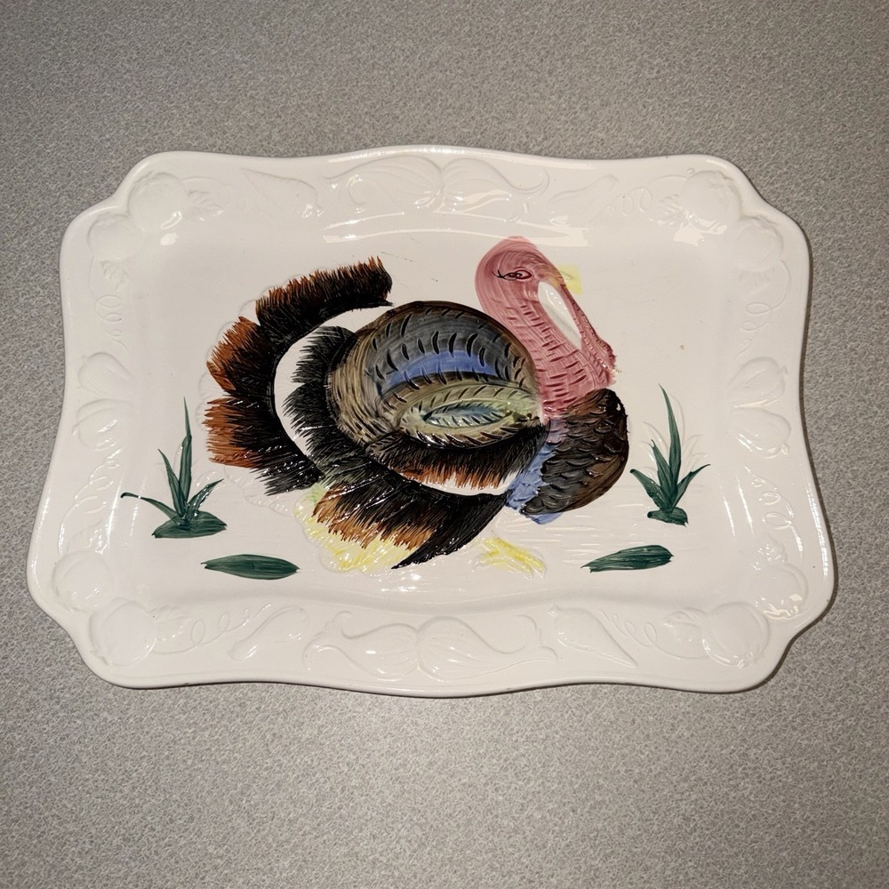 Turkey Embossed Vtg Hand Painted Colorful Ceramic Thanksgiving Tray Platter Fall